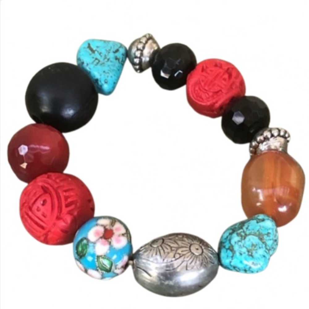 Genuine Gemstone Stretch Bracelet Cinnabar Cloisonné Sterling Beads